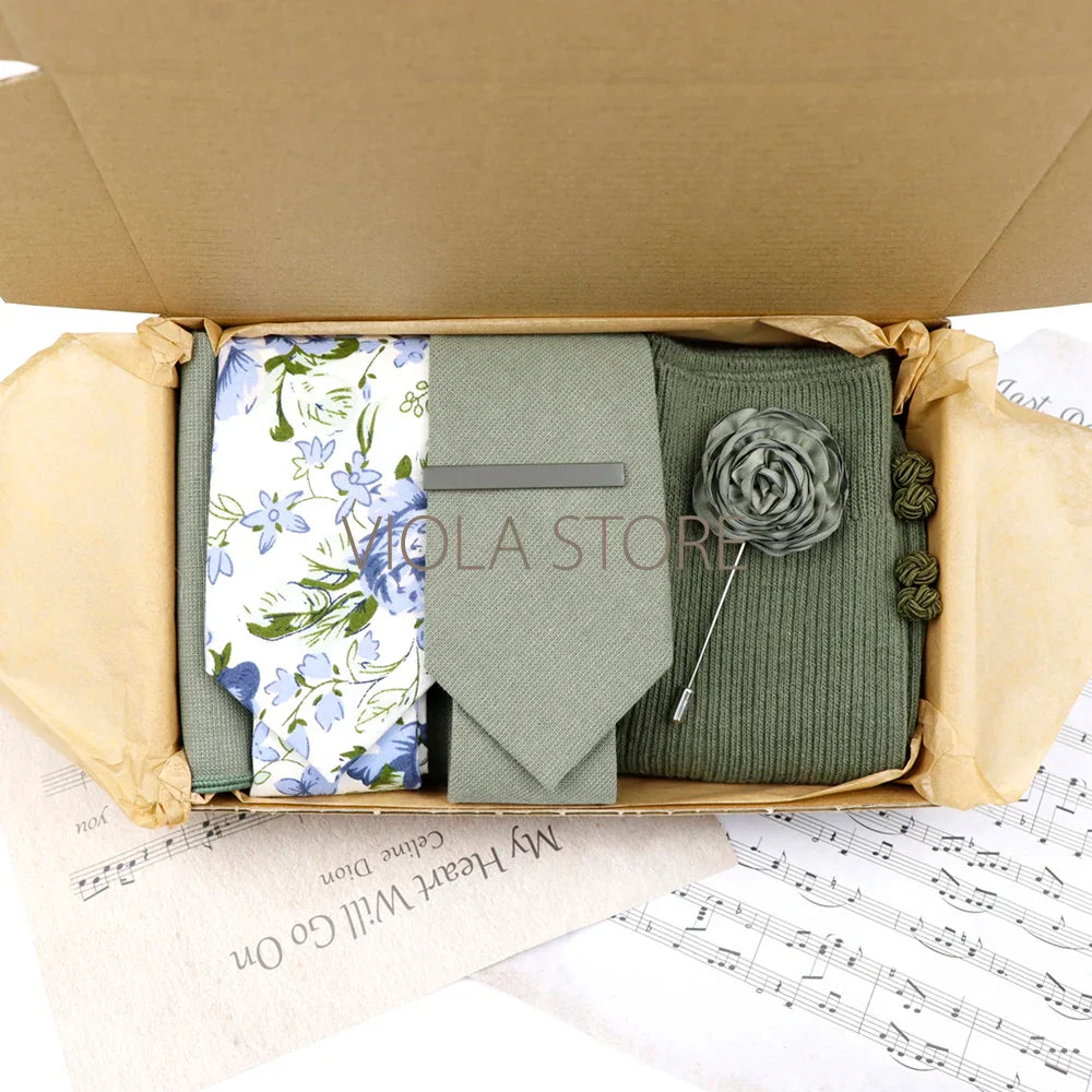 Viola Design 7 PCS Gift Box Cotton Sock Tie Sets Clip Pin Cufflinks Hanky Solid Floral Men Wedding Party Daily Cravat Accessory