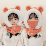 New Children's Hat Cartoon Bear Ear Flags Pullover Cap for Boys and Girls' Baby Winter Hats Scarf Kids Plush Warm Cute Fur Cap