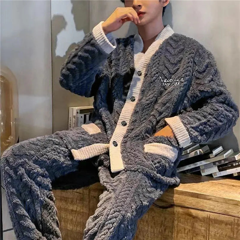 2024 New Men Winter Warm Flannel Pajamas Set V-Neck Fluffy Coat + Long Pants Male Sleepwear For Sleeping 2 Pieces Housewear 3xl