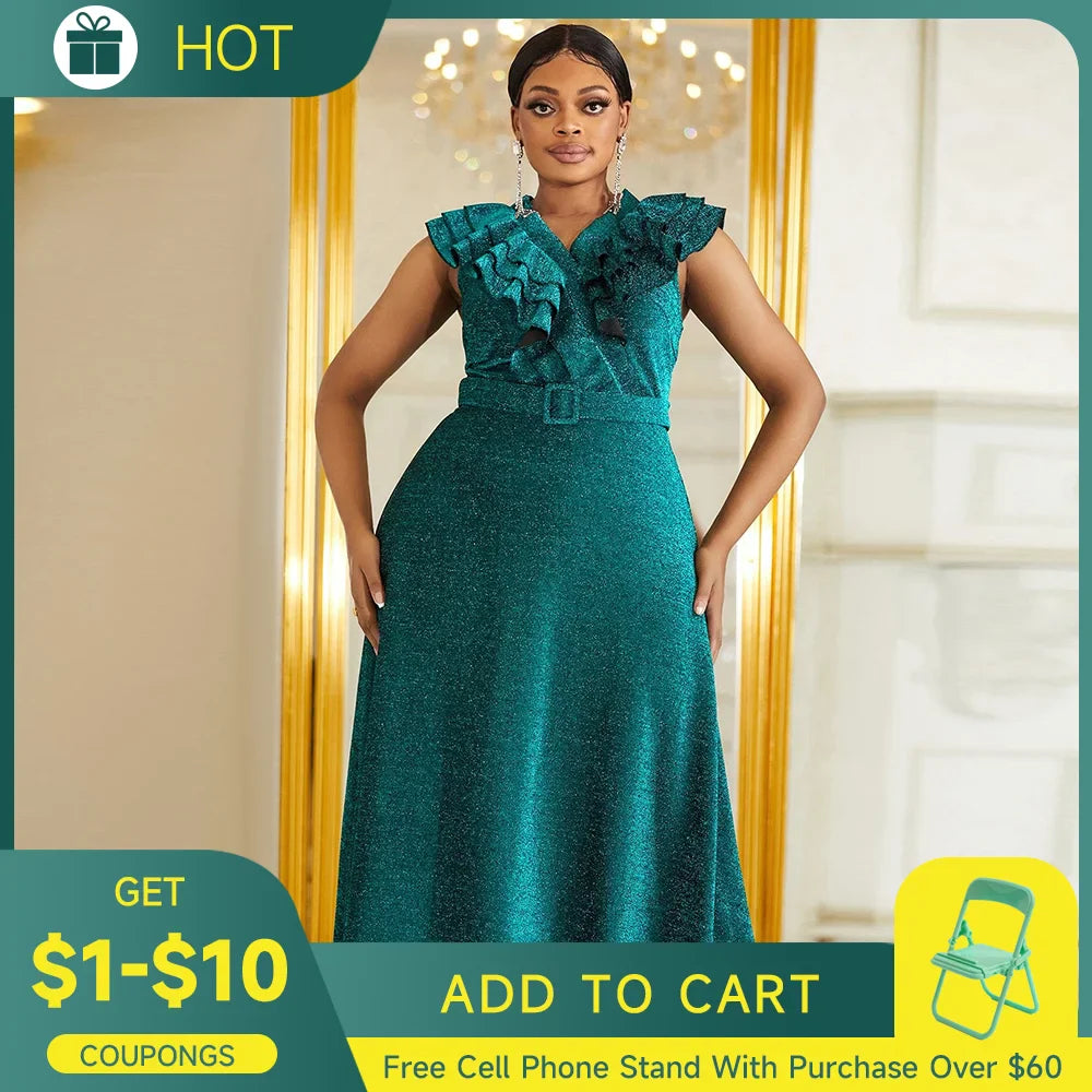 Evening Dress Plus Size Green New Sleeveless High Waist Party Dress V-neck Large Women's Dress Elegant Soft Fit Female Clothes