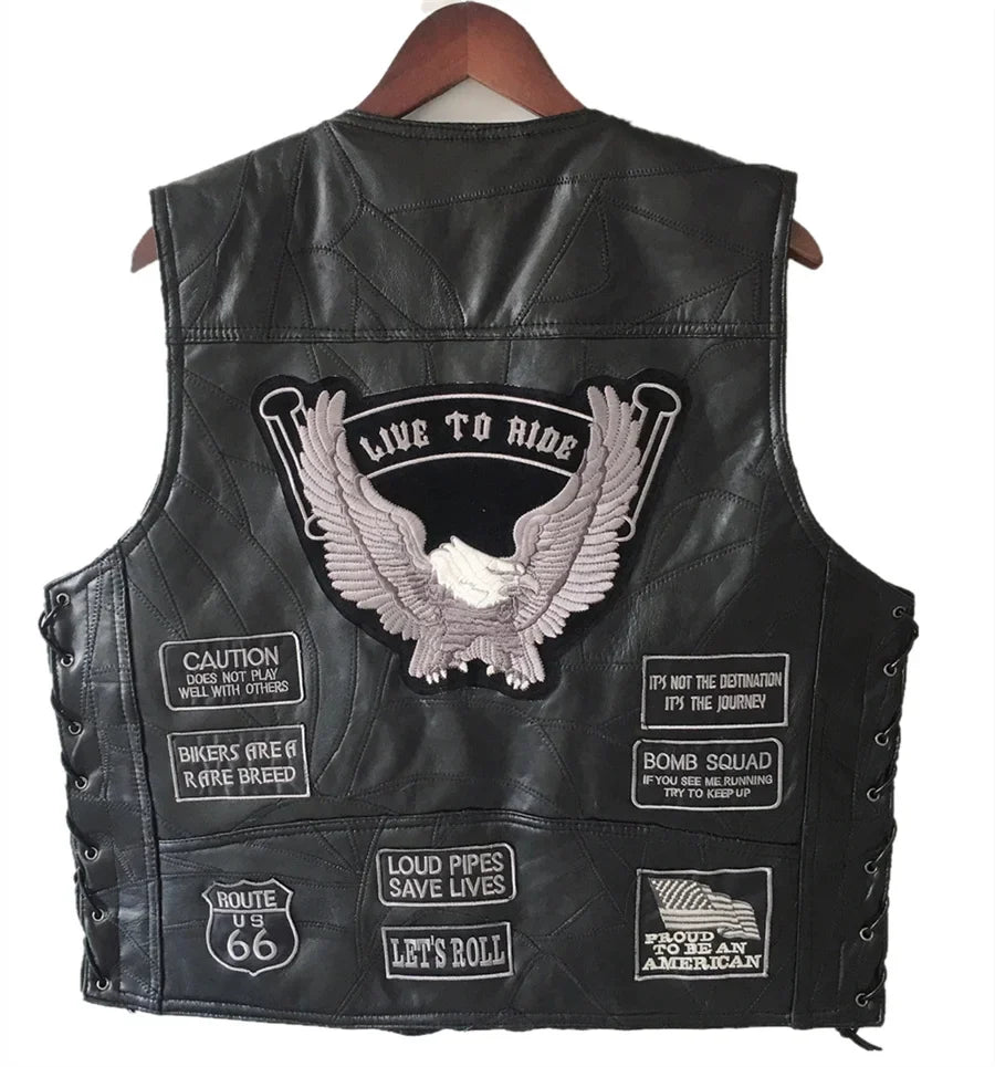 Men's Motorcycle Leather Vest Single Breasted Embroidered Sleeveless Jacket Punk Style Motorbike Waistcoat for Men Clothing