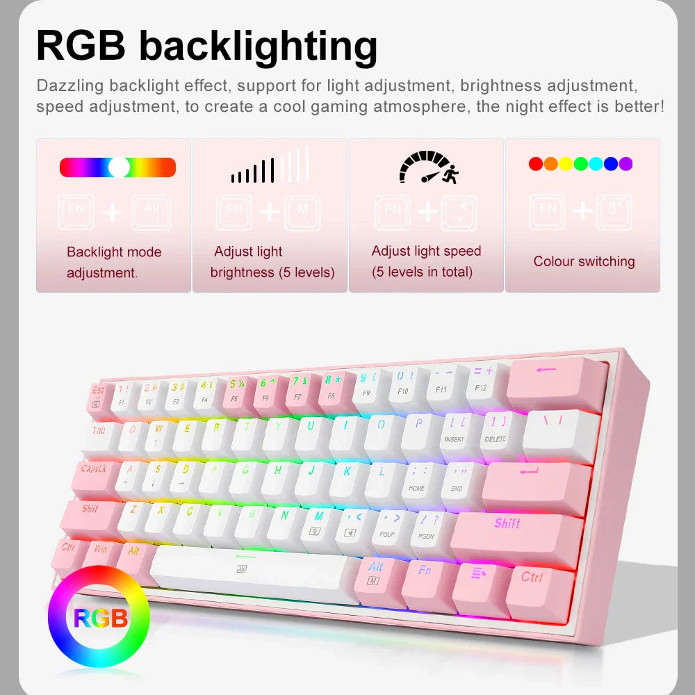 REDRAGON Fizz K617 RGB USB Mini Mechanical Gaming Wired Keyboard Red Switch 61 Key Gamer for Computer PC Laptop detachable cable