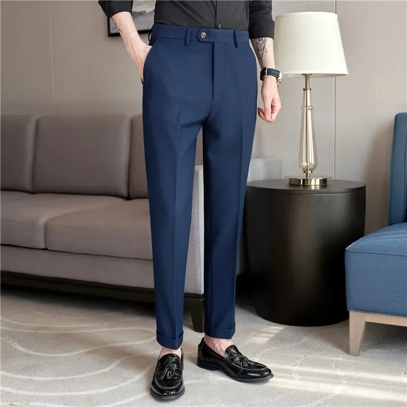 British Style Men High Waist Dress Pants 2023 Autumn Solid Color Casual Trousers Slim Fit Formal Suit Pants Fashion Men Clothing