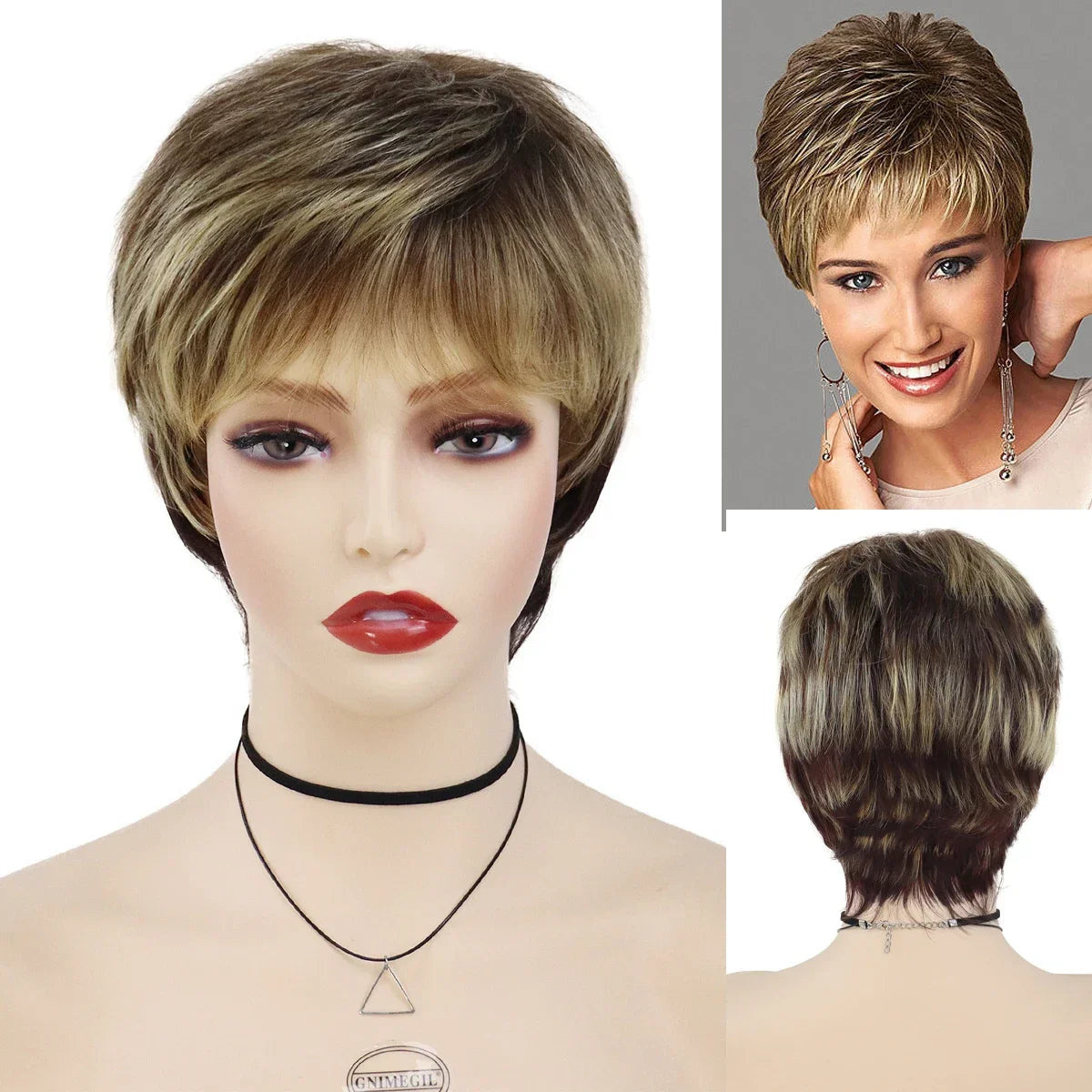 GNIMEGIL Synthetic Short Pixie Cut Wig Women Natural Hairstyle Bangs Wig Blonde Mix Brown Soft Straight Wig for Chemo Patient