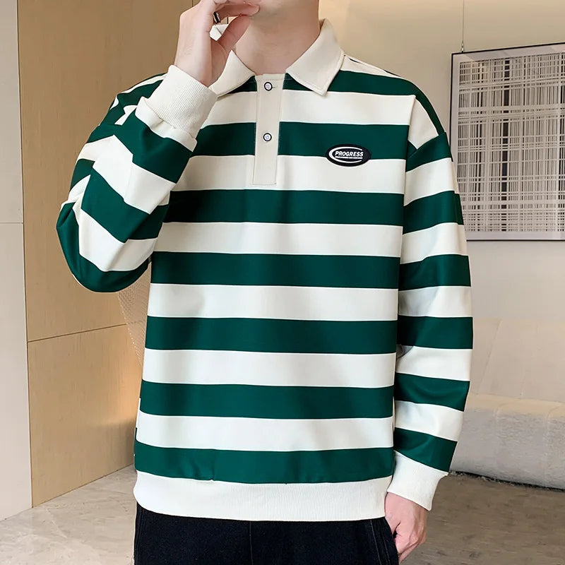 Commute Basic Striped T-shirts Spring Autumn Polo-Neck Button Men's Clothing Long Sleeve Korean Patch Designs Loose Polo Shirts