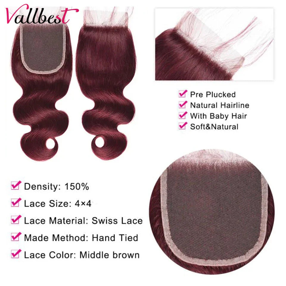 Vallbest 32 Inch 99J Body Wave Bundles With Closure Brazilian Wavy Burgundy Human Hair Bundles With 4x4 Lace Closure Remy Hair