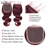 Vallbest 32 Inch 99J Body Wave Bundles With Closure Brazilian Wavy Burgundy Human Hair Bundles With 4x4 Lace Closure Remy Hair