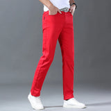 New Men's Pants Trend Temperament Casual Denim Jeans Elastic Straight Slim White Red Black Cool Trousers for Male