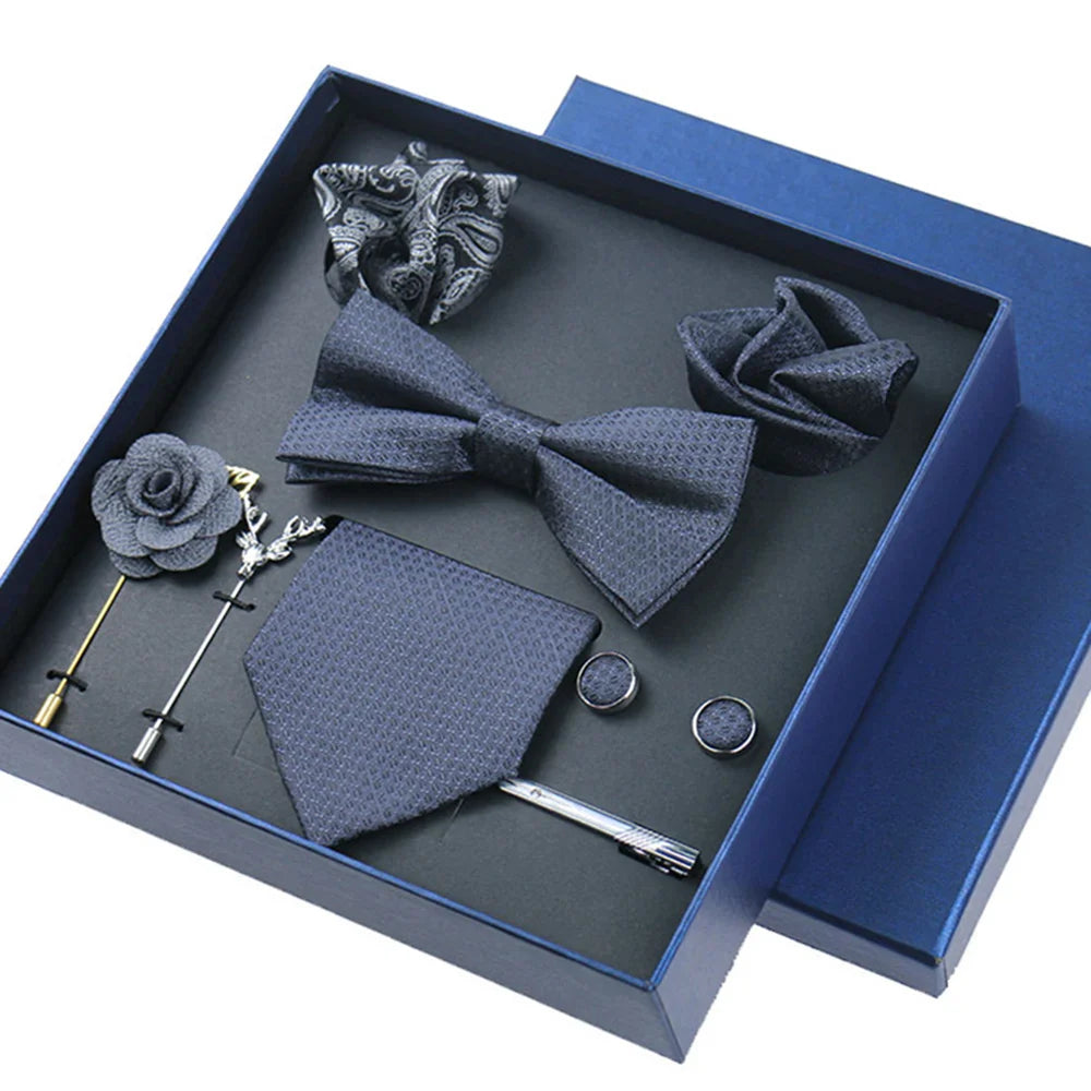 8-piece Set Bussiness Blue Ties For Mans Floral Brooches Pin Cufflinks Tie Clips Butterfly Bowtie Wedding Accessori Gift Box Set