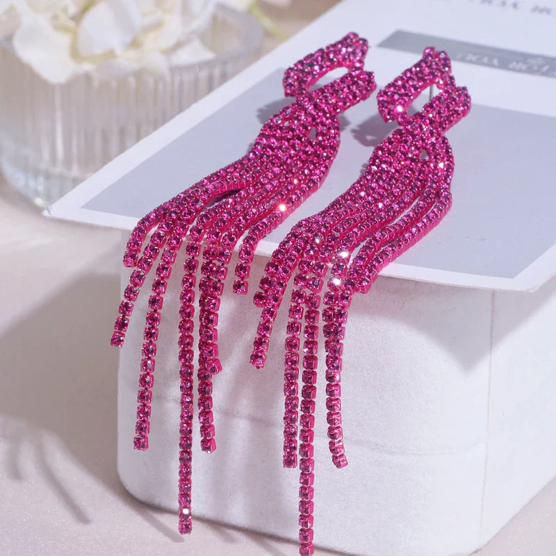 2022 New Sparkling Full Rhinestone Long Tassel Dangle Earrings for Women Bijoux Trendy Large Drop Earrings Wedding Jewelry Gifts