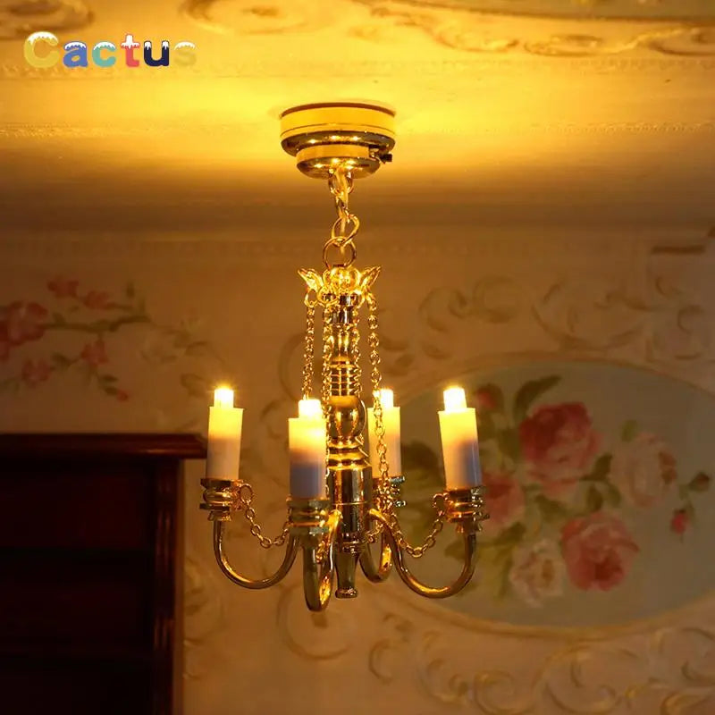 1:12 Dollhouse Miniature LED Ceiling Lamp Gold Chandelier Droplight Lighting Lights Battery Operated Furniture Model Decor Toy