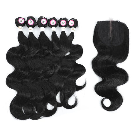 X-TRESS Body Wave Hair Bundles With Middle Part Closure Soft Synthetic Hair Weave Extensions For Black Women 7PCS One Pack