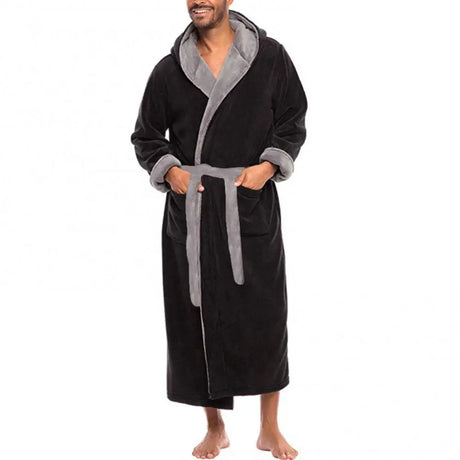 Men Soft Coral Fleece Color Block Pockets Long Bath Robe Home Gown Sleepwear