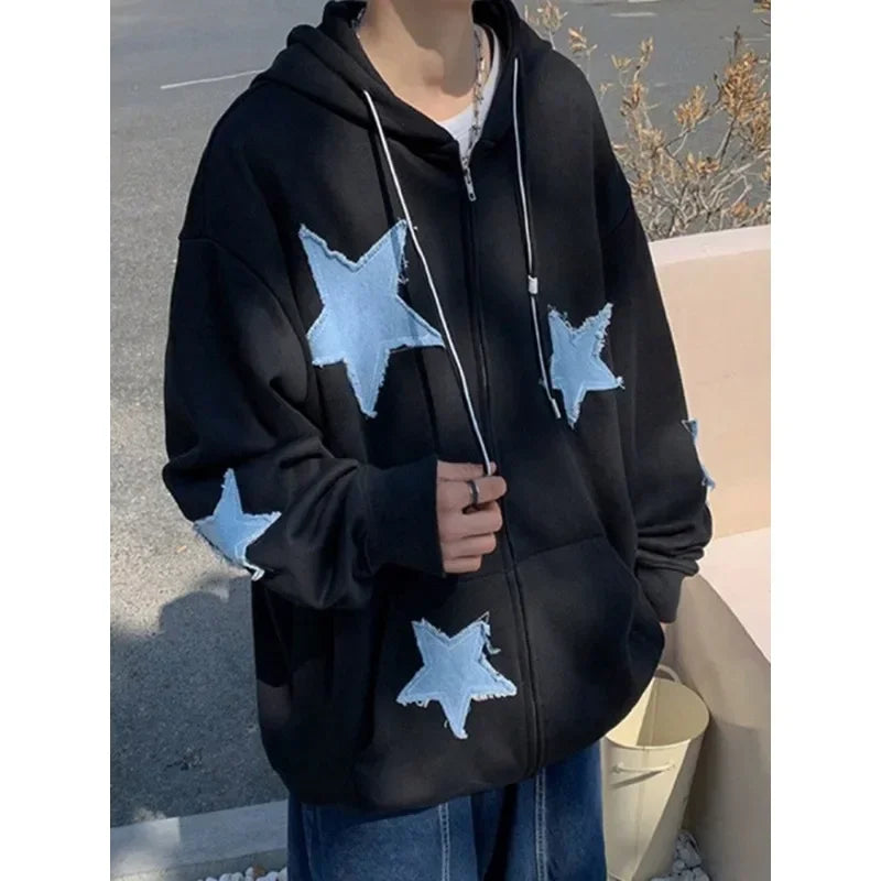 Men's Star Patch Zip Up Hoodie for Men Oversized Y2k Sweatshirt Jacket E-Girl 90s Pullover Streetwear