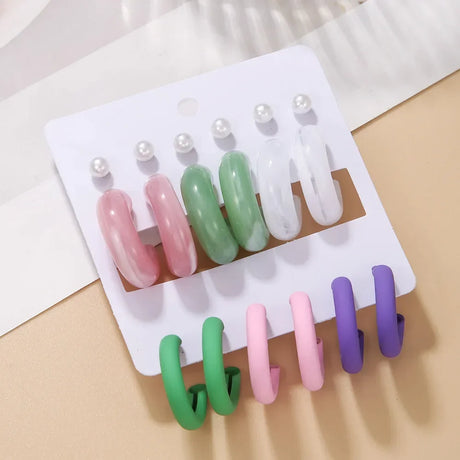 Simple Acrylic C-shaped Cut Earrings 5 Pairs Set New Fashion Colorful Geometric Metal Round Earrings Korean Jewelry for Women