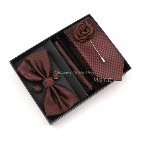 Solid Color Slim Plaid Ties Set With Box Purple Pink Bowties Handkerchiefs Brooches Cufflinks For Wedding Suit Accessories Gifts