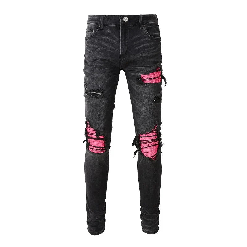 Men Cracked Leather Patch Biker Jeans Streetwear Pleated Patchwork Holes Ripped Stretch Denim Pants Skinny Tapered Trousers