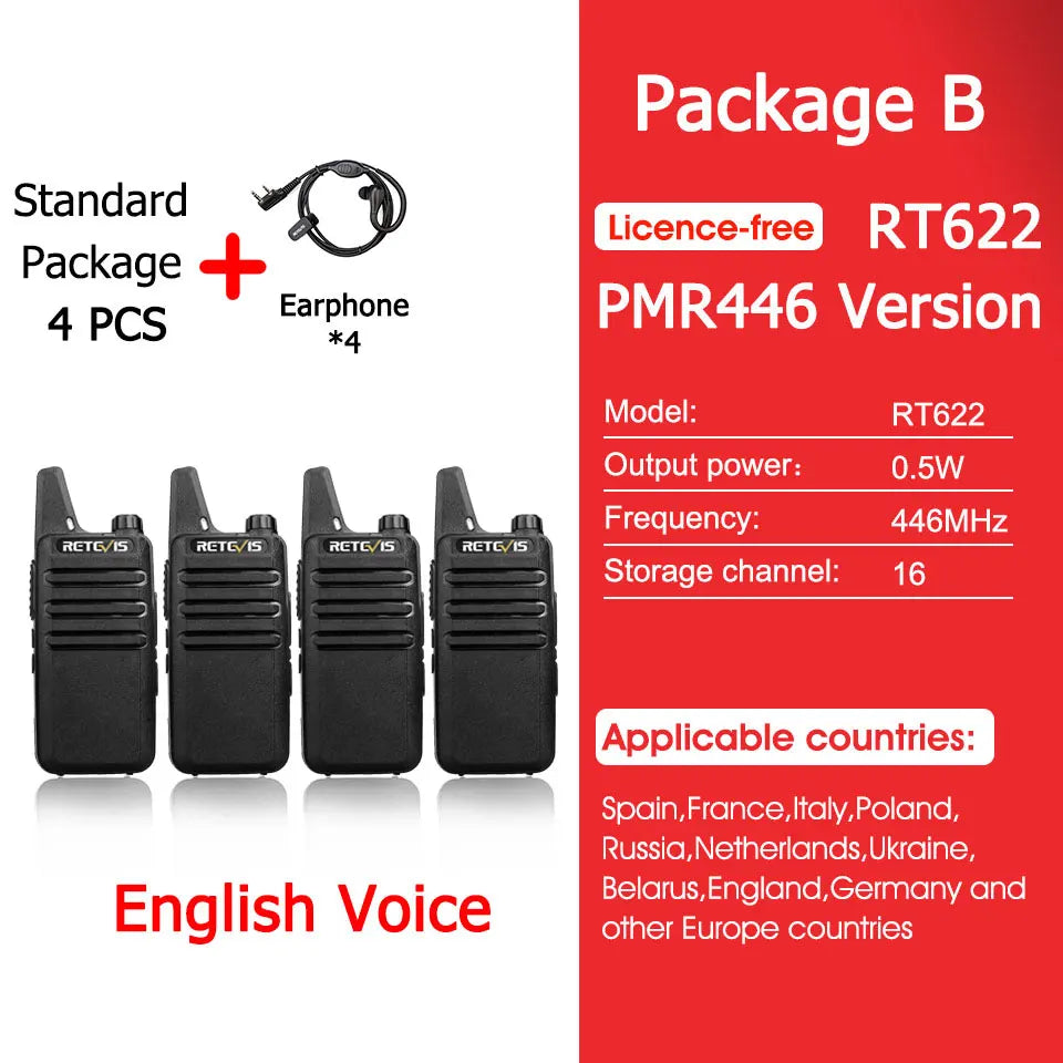 Retevis RT622 Mini Walkie Talkie 4 Pcs Walkie-talkies PMR446 FRS VOX Portable Two Way Radio Station for Restaurant Hotel