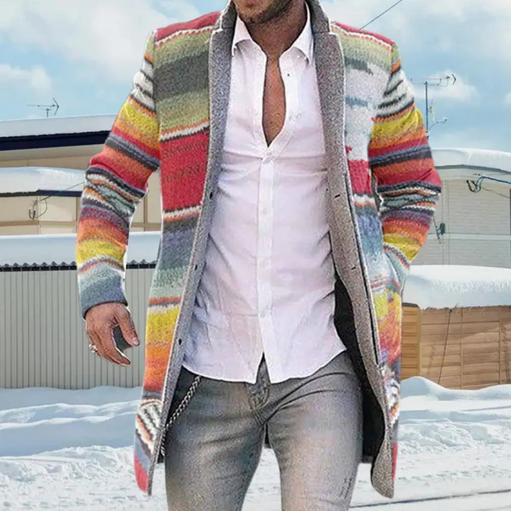 Durable Overcoat Men Skin-friendly Polyester Autumn Winter Rainbow Stripes Overcoat  Coat Open Front