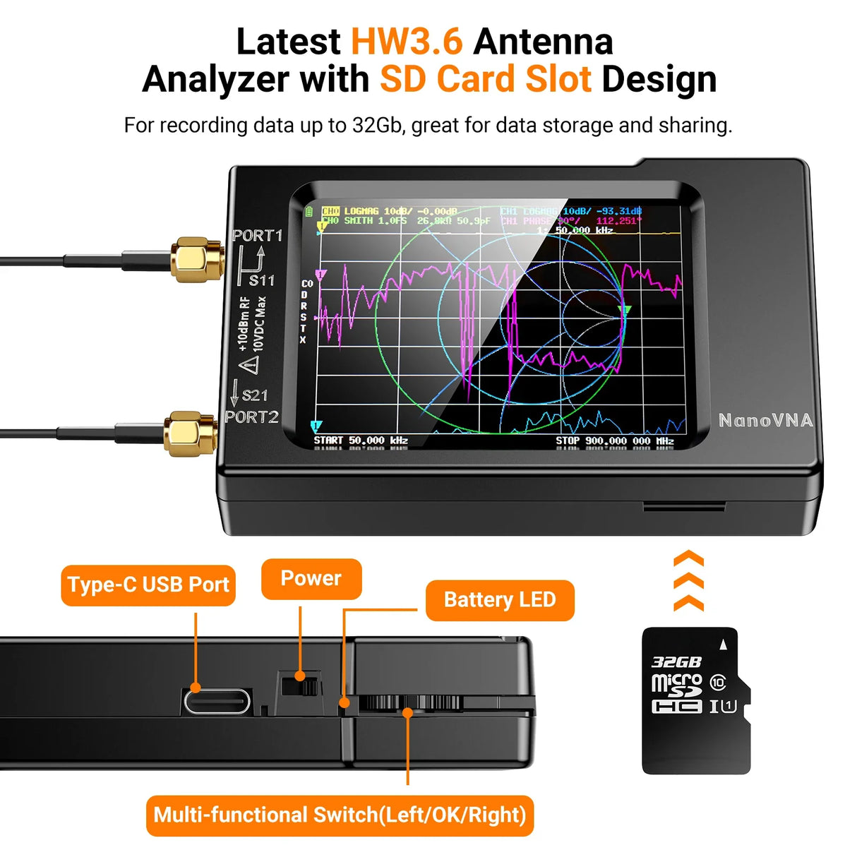 NanoVNA-H Vector Network Antenna Analyzer 10KHz-1.5GHz MF HF VHF UHF With SD Card Slot Nano VNA-H Tester Spectrum Analyzer