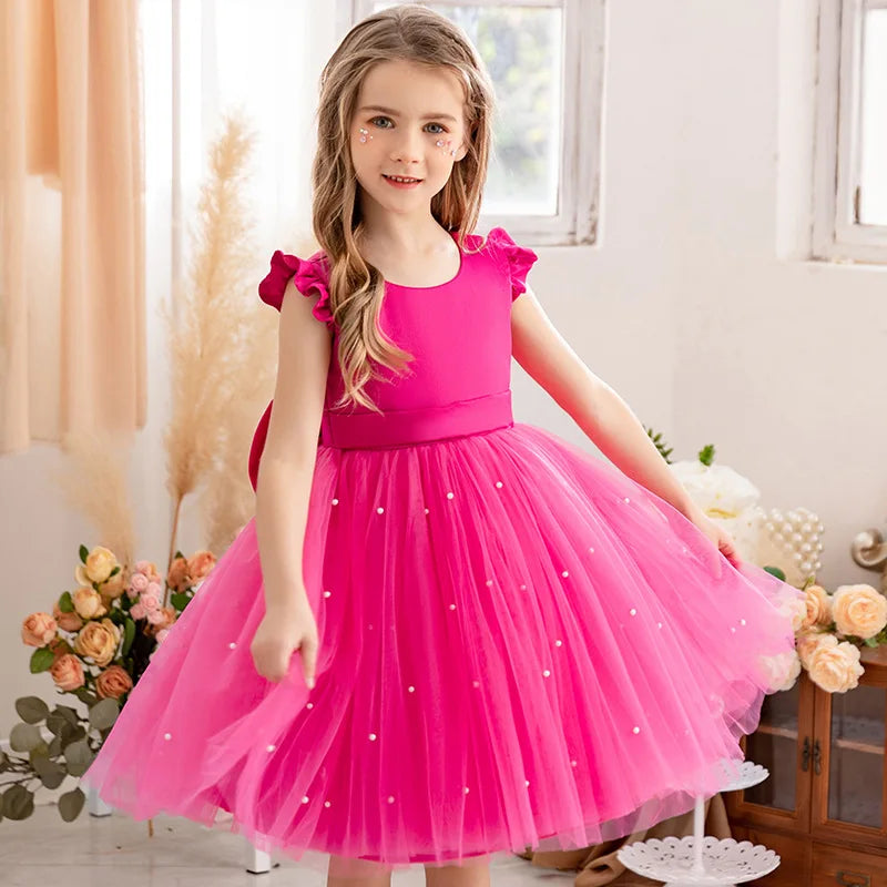 Elegant Short Pink Toddler Flower Girl Dresses Birthday Tulle Sleeveless Bow Pearls Princess Wedding Party Gown for Kids Baby