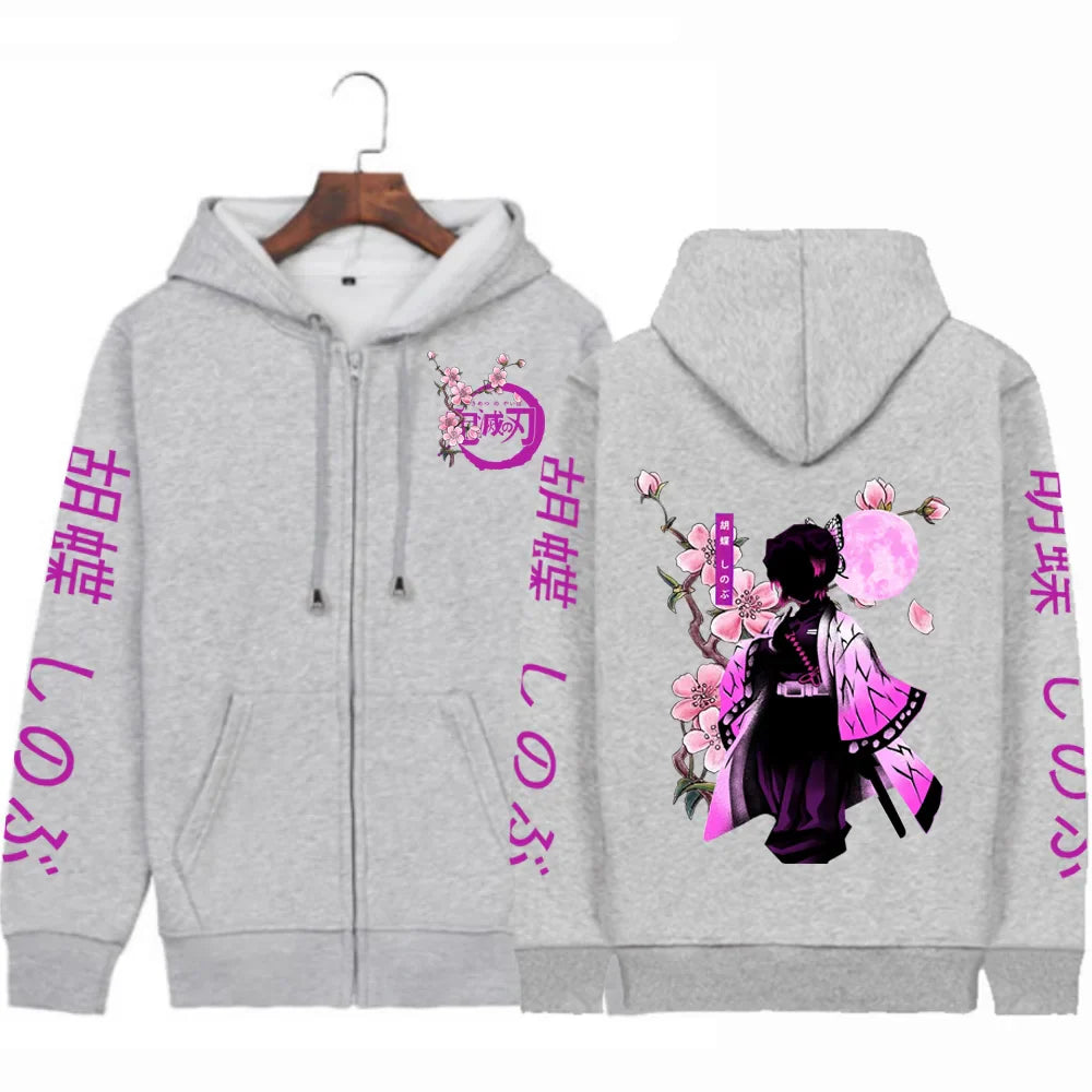 Kochou Shinobu Women Zip Hoodies Winter Autumn Casual Zipper Jacket Harajuku Demon Slayer Plus Size Sweatshirt Female Pullover