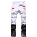 Men Rose Embroidery Jeans Fashion Holes Ripped Stretch Denim Pants Bottom Zipper Slim Tapered Pencil Trousers White Black