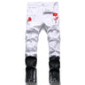 Men Rose Embroidery Jeans Fashion Holes Ripped Stretch Denim Pants Bottom Zipper Slim Tapered Pencil Trousers White Black