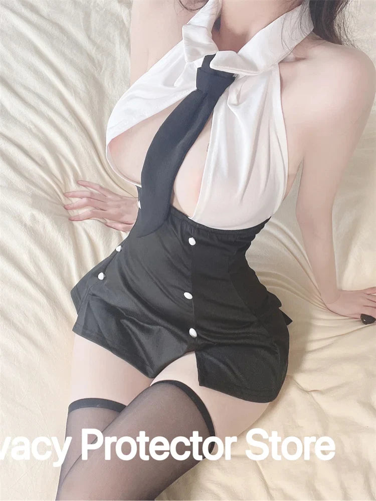 Sexy Lingerie School Student Uniform Role Play Costume Women Cute Mini Skirt Tight Blouse Set Porn College Girl Cosplay Anime