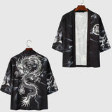 Black Kimono Cardigan Women Men Japanese Obi Male Yukata Men's Haori Chinese Dragon Print Coat Traditional Japan Clothing