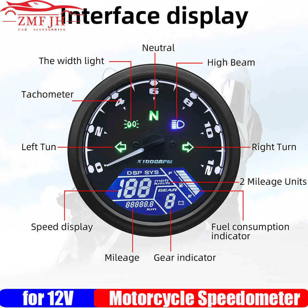 Universal Motorcycle Instrument Digital LCD Speedometer Meter Sensor Tachometer 0~12000RPM for 1-4 Cylinder Motorbike 12V