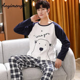 Big Size Autumn New Mens Casual Pajamas Set Cotton Long Sleeve Kawaii Bear Cartoon Printing Sleepwear for Men Pijama for Boy