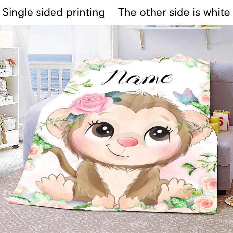 Custom Name Blanket Kawaii Baby Girl Boy Kids Personalized Blankets Cartoon Animal Cute Soft Flannel Throw Blanket Birthday Gift