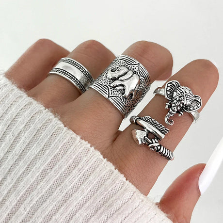 Aprilwell 4Pcs Ethnic Elephant Rings Set for Women Silver Color Vintage Animal Stamp Faith Opening Anillos Jewelry Bague Gadgets