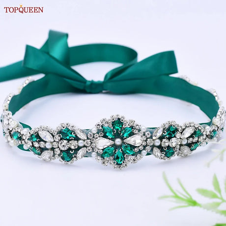 TOPQUEEN Multiple Styles Green Belt With Diamonds Bridal Wedding Accessories Rhinestone Women'S Dresses Evening Girdles S30