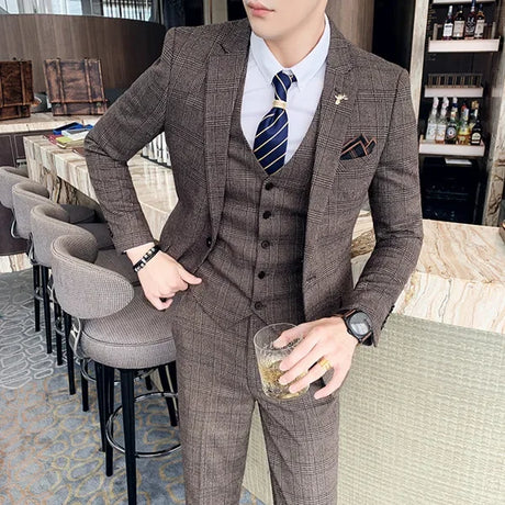 S-7XL (Jacket+Vest+Pants) Fashion Boutique Lattice Formal Business Mens Suit 3pcs Set Groom Wedding Dress Plaid Suit Show Stage