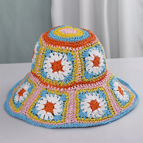 Colorful Crochet Straw Bucket Hat Handmade Knitted Flowers Beach Fisherman Hat for Women Sunshade Cap Vintage Accessories