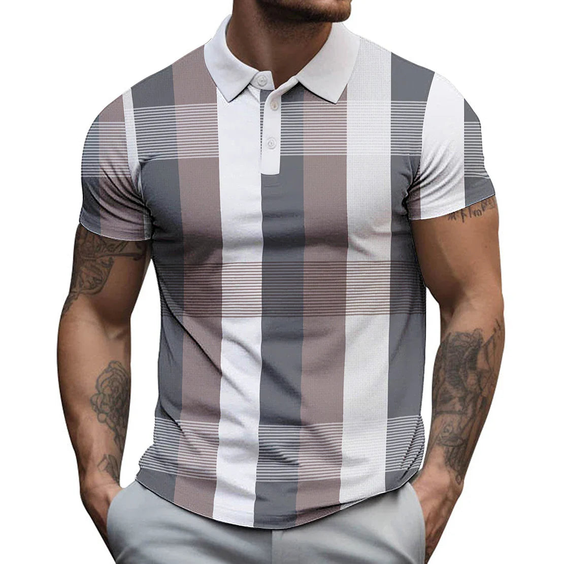 2023 New Men's Button Polo Shirt Fashion Line Checker 3D Print High Quality Summer Casual Short Sleeve Street Breathable T-shirt