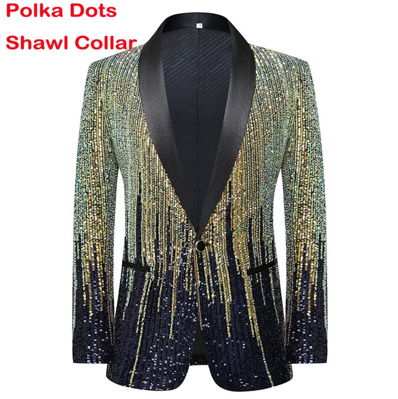 Shiny Green Sequins Bling Glitter Blazer Men 2023 Shawl Collar One Button Tuxedo Suits&Blazer Mens Wedding Party Stage Costumes