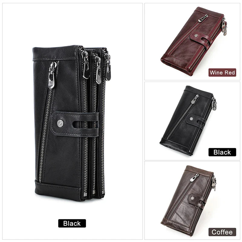 Genuine Leather Long Wallet for Men Women Money Bag Purse Zipper Hasp Design Fashion Clutch Wallets Card Holder Phone Pocket