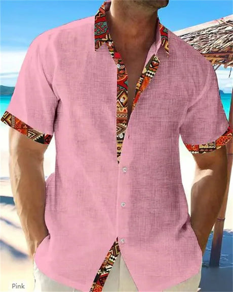 2023 summer fashion men's Hawaiian linen shirt men's casual lace printed beach pocket short sleeve plus size jacket 5 colors.