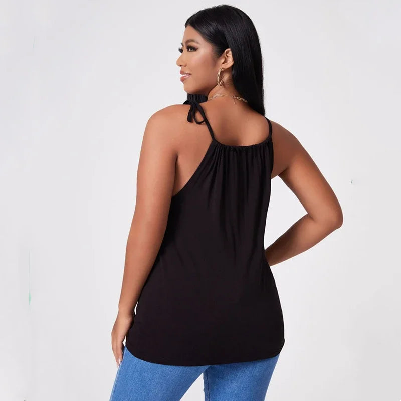 Plus Size Sexy Hater Neck Summer Casual Top Women Tie Detail Keyhole Front Work Office Tank Female Large Size Beach Cami 6XL 7XL