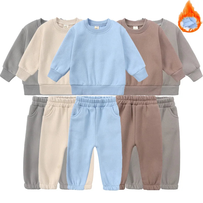 2023 New Arrivals Little Girls Clothing Tracksuit 2 Pieces Set Warm Fleece Plain Top Sweatshirt+Pants Loungewear Suit For Kids