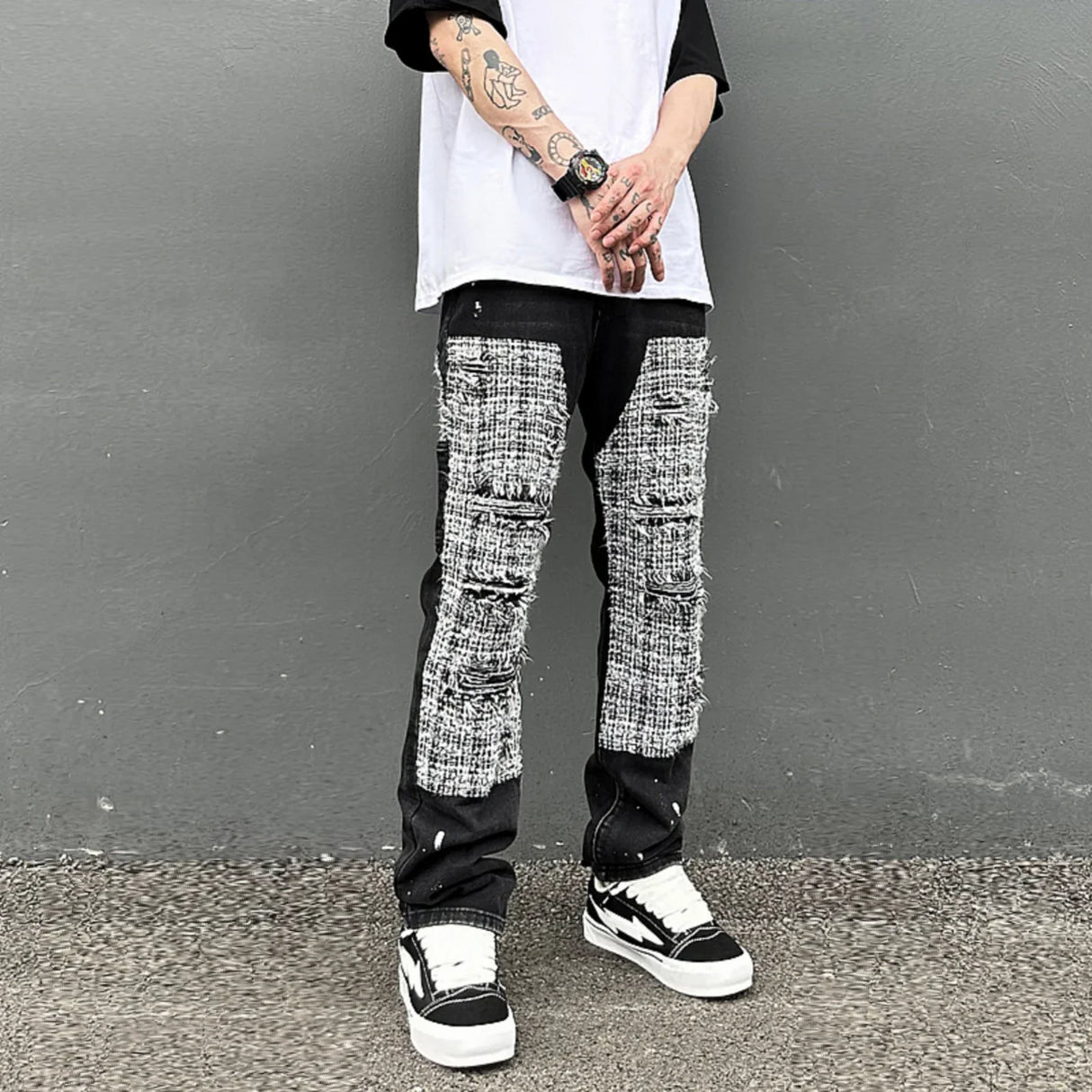 Black White Checkered Patchwork Straight Leg Denim Trousers Men Hip Hop Splashed Ink Logging Pants Jeans Slim Fit Washed Torn