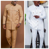 New Men's Temos Wedding Two Piece Suit Men's Dress Long Pants Shirt Solid Color Long Sleeve Party African Ethnic Style Clothing