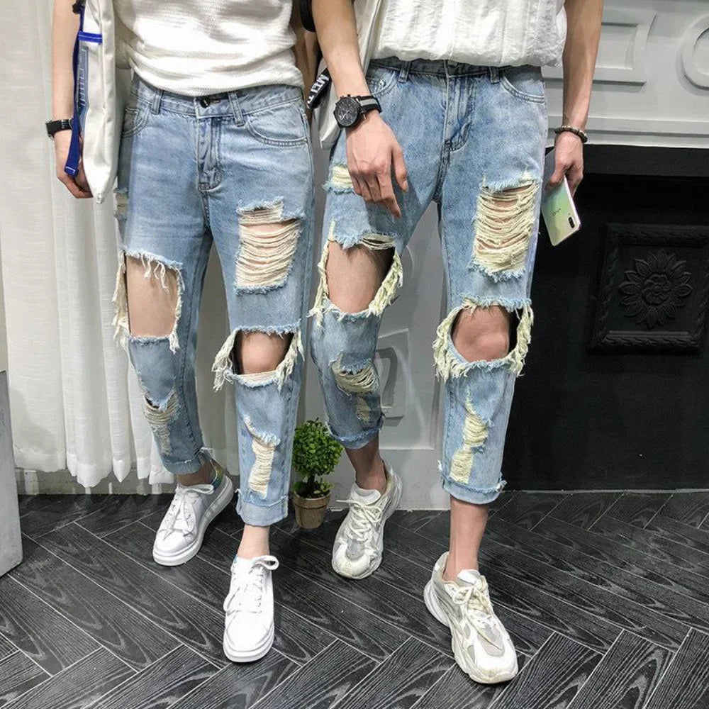 Men Jeans Knee Hole Ripped Stretch Skinny Denim Pants Solid Color  Autumn Summer Hip-Hop Style Slim Fit Trousers 2023 pantalones