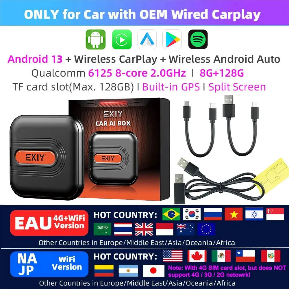 EKIY CarPlay Tv Box Android 13 4GB 64GB QCM6225 8-Core Wireless Carplay Android Auto Adapter Car Play Intelligent Systems