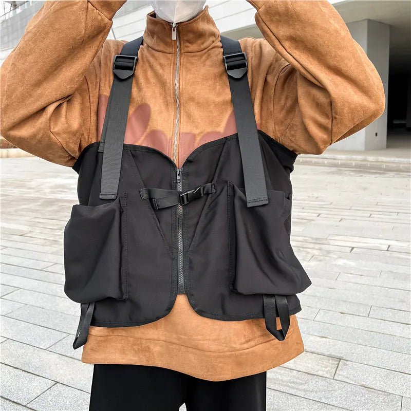 Reflective Streetwear Men Hip-Hop Chest Bag Anti theft Tactical Vest Bags Trendy Style Rectangle Casual Travel Backpack Black