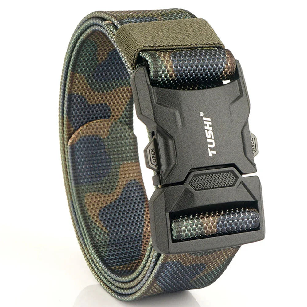 TUSHI NEW Quick Release Aluminum Alloy Pluggable Buckle Elastic Belt For Men Durable Tactical Belts Cowboy Outdoor Army Hunting