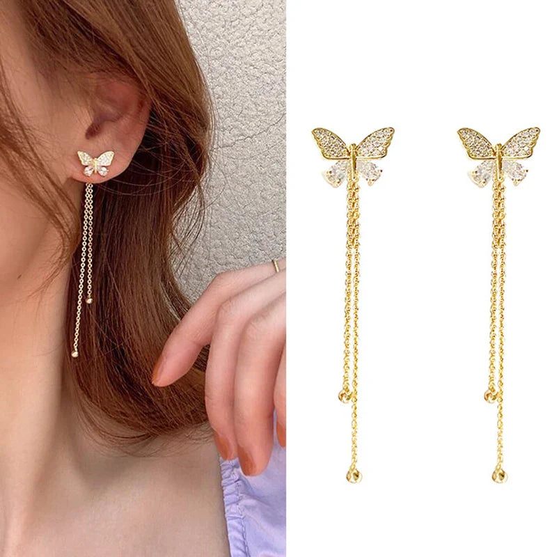 Butterfly Crystal Long Tassel Dangling Earrings For Women Korean Fashion Dainty Gold Plated Drop Earrings Jewelry Accessories